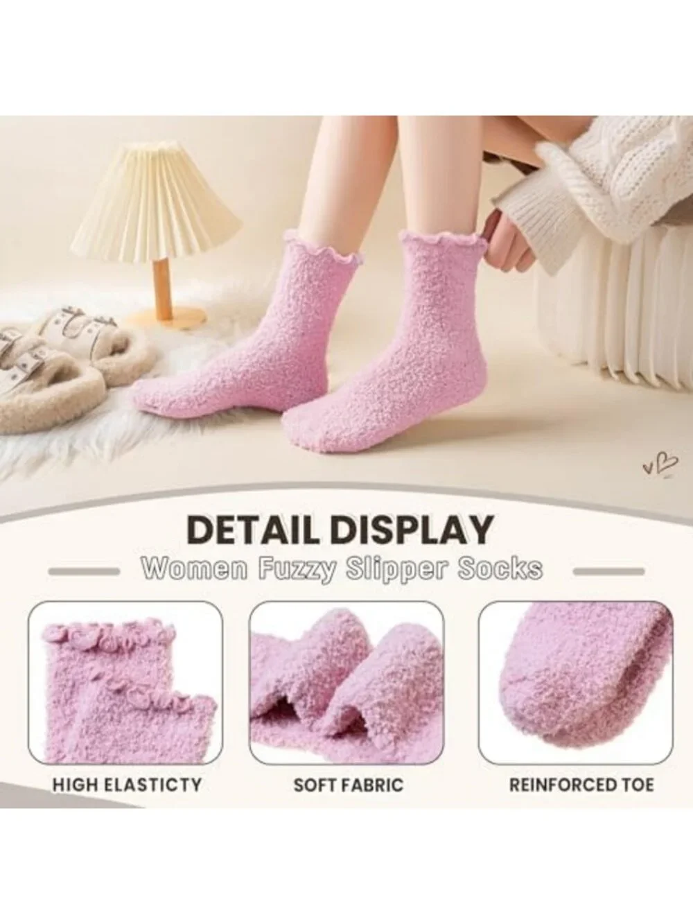 Cozy Fuzzy Ruffle Slipper Socks - Soft Plush Warm Winter Crew - 5 Pairs